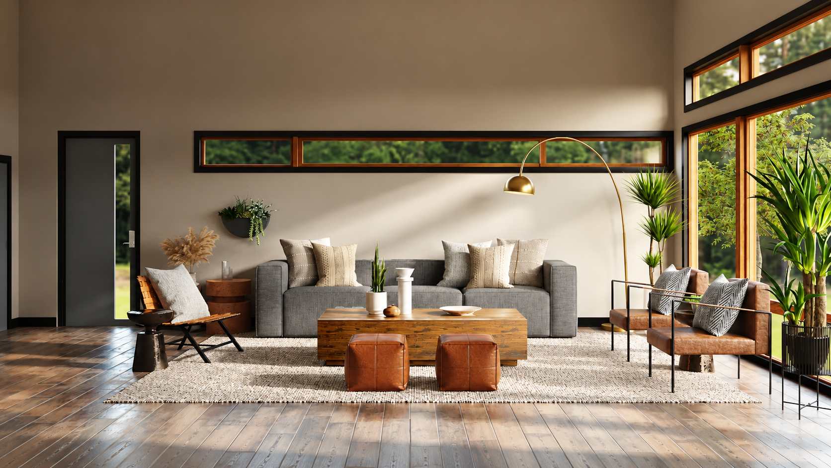Doğal ışık, ahşap doğramalar ve bahçe manzarasıyla tasarlanan modern salon